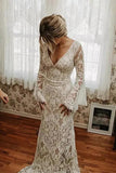 Beautiful Mermaid Lace Long Sleeves Backless Wedding Dress With Train, SW633