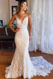 Beautiful Tulle Mermaid V-neck Wedding Dresses With Lace Appliques, SW647