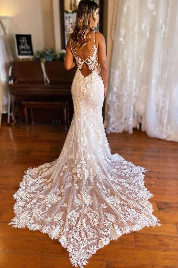 Beautiful Tulle Mermaid V-neck Wedding Dresses With Lace Appliques, SW647 image 2