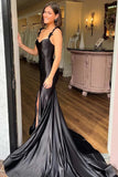 Black Satin Mermaid Spaghetti Straps Long Prom Dresses With Slit, SLP016 image 2