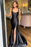 Black Satin Mermaid Spaghetti Straps Long Prom Dresses With Slit, SLP016 image 1