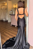 Black Satin Mermaid Spaghetti Straps Long Prom Dresses With Slit, SLP016 image 3