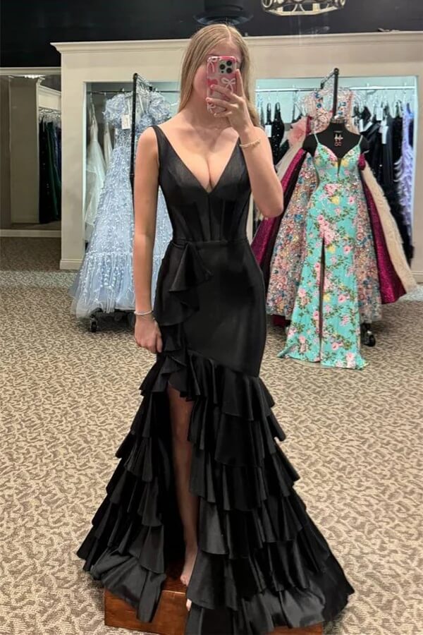 Black Satin Mermaid V-neck Ruffled Lace Up Prom Dresses With Slit, SLP053 | cheap prom dresses online | simple prom dress | mermaid prom dress | simidress.com