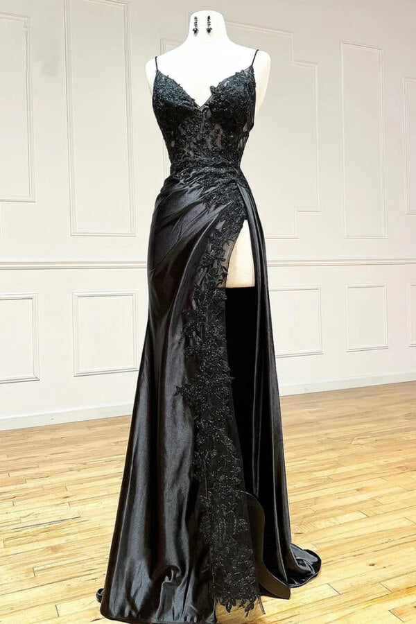 Black Satin Sheath Spaghetti Straps Lace Appliques Long Prom Dresses, SLP028 image 1