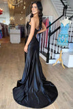 Black Satin Sheath Strapless Pleated Long Prom Dresses With Slit, SP988