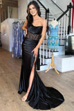 Black Satin Sheath Strapless Pleated Long Prom Dresses With Slit, SP988