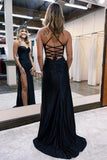 Black Satin Spaghetti Straps Long Prom Dresses With Slit, Party Dresses, SP987 image 2