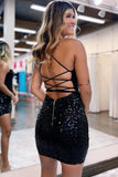 Black Sequins Sheath Spaghetti Straps Homecoming Dresses, Short Party Dress, SH653 | cheap homecoming dresses online | simple homecoming dress | school event dress | simidress.com