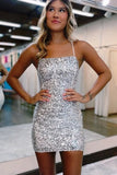 Black Sequins Sheath Spaghetti Straps Homecoming Dresses, Short Party Dress, SH653 | silver homecoming dress | sequins homecoming dress | homecoming dresses near me | simidress.com