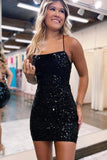 Black Sequins Sheath Spaghetti Straps Homecoming Dresses, Short Party Dress, SH653 | black homecoming dress | short prom dress | graduation dress | simidress.com