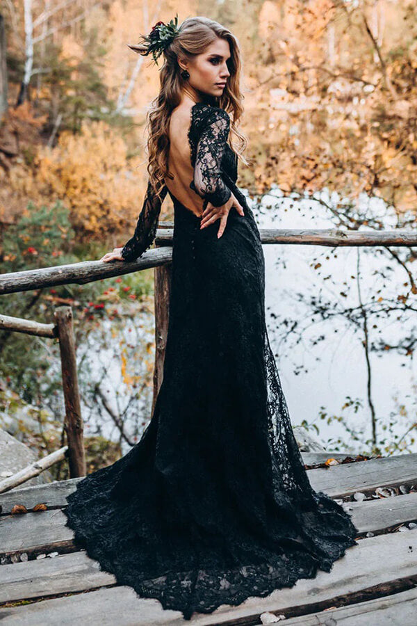 Black Sheath Backless Sweetheart Long Sleeves Lace Wedding Dresses, SW677 image 2