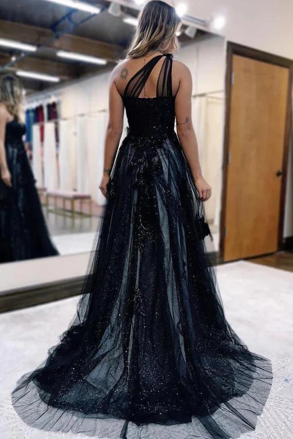 Black Tulle A-line One Shoulder Lace Appliques Prom Dress, Party Dress, SP985 image 2
