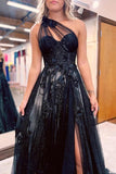Black Tulle A-line One Shoulder Lace Appliques Prom Dress, Party Dress, SP985 image 3