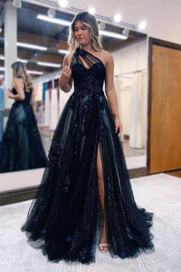Black Tulle A-line One Shoulder Lace Appliques Prom Dress, Party Dress, SP985 image 1