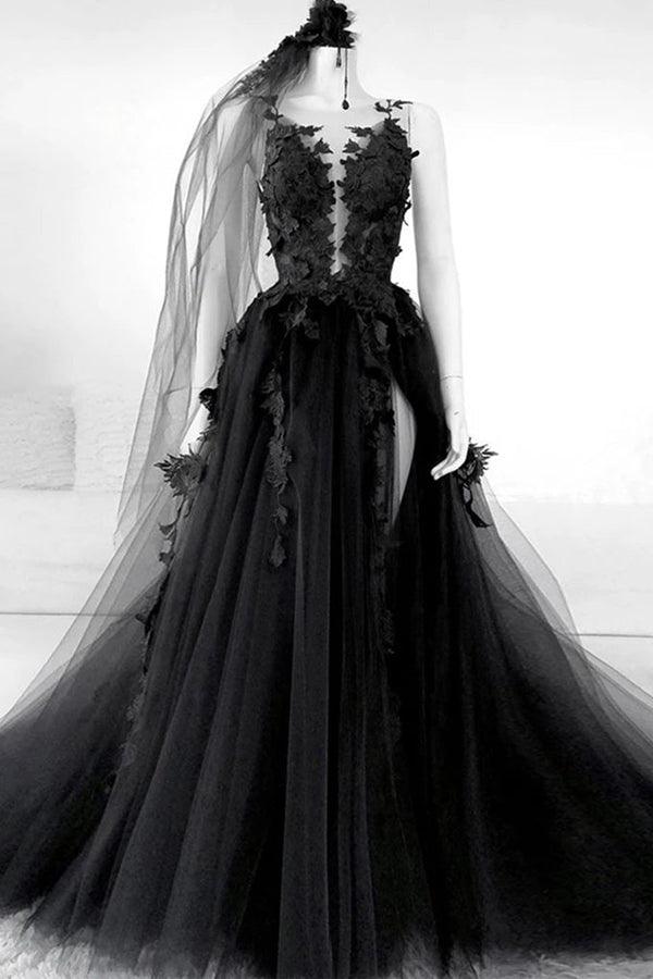 Black Tulle A-line V-neck Long Prom Dresses With Appliques, Party Dress, SP981 image 1