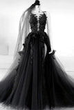 Black Tulle A-line V-neck Long Prom Dresses With Appliques, Party Dress, SP981