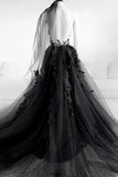 Black Tulle A-line V-neck Long Prom Dresses With Appliques, Party Dress, SP981 image 2