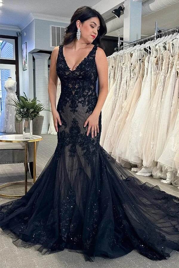 Black Tulle Mermaid V-neck Wedding Dresses With Lace Appliques, SW661 | black wedding dress | lace wedding gown | bridal dresses | simidress.com