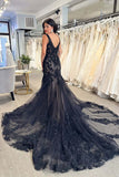 Black Tulle Mermaid V-neck Wedding Dresses With Lace Appliques, SW661 | tulle wedding dress | bohemian wedding dress | wedding dress stores | simidress.com