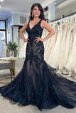 Black Tulle Mermaid V-neck Wedding Dresses With Lace Appliques, SW661 | mermaid wedding dress | vintage wedding dresses | wedding dresses near me | simidress.com