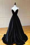 Black Velvet A-line V-neck Simple Prom Dresses, Long Formal Dresses, SP975