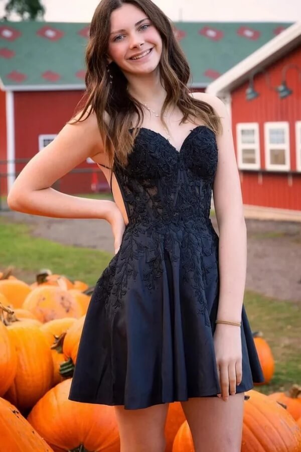 Blue A Line V Neck Lace Short Homecoming Dresses, Graduation Dresses, SH650 | black homecoming dress | short party dress | school event dress | simidress.com