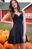 Blue A Line V Neck Lace Short Homecoming Dresses, Graduation Dresses, SH650 | black homecoming dress | short party dress | school event dress | simidress.com
