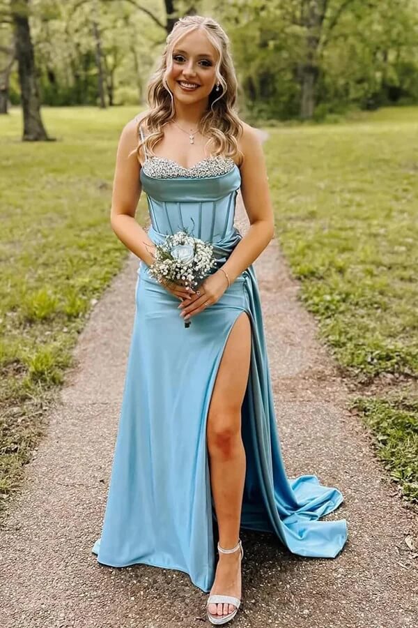 Blue Mermaid Spaghetti Straps Beaded Prom Dresses, SLP050 | Simidress Blue Mermaid Spaghetti Straps Beaded Prom Dresses, SLP050 | Simidress