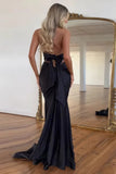 Blue Satin Mermaid Halter Simple Long Prom Dresses With Bow Tie Back, SLP103 image 5