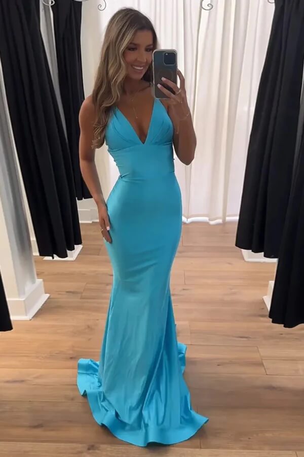 Blue Satin Mermaid Halter Simple Long Prom Dresses With Bow Tie Back, SLP103 image 1