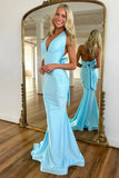 Blue Satin Mermaid Halter Simple Long Prom Dresses With Bow Tie Back, SLP103 image 2