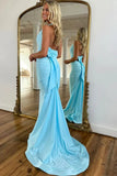 Blue Satin Mermaid Halter Simple Long Prom Dresses With Bow Tie Back, SLP103 image 3