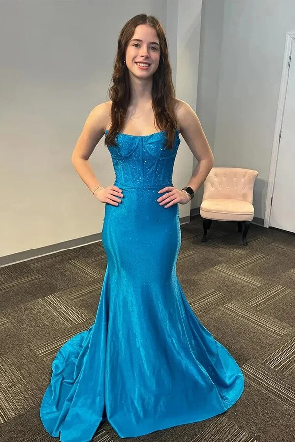 Blue Satin Mermaid Strapless Beaded Long Prom Dresses With Train, SLP034 | blue prom dresses | beaded prom dress | party dresses | simidress.com