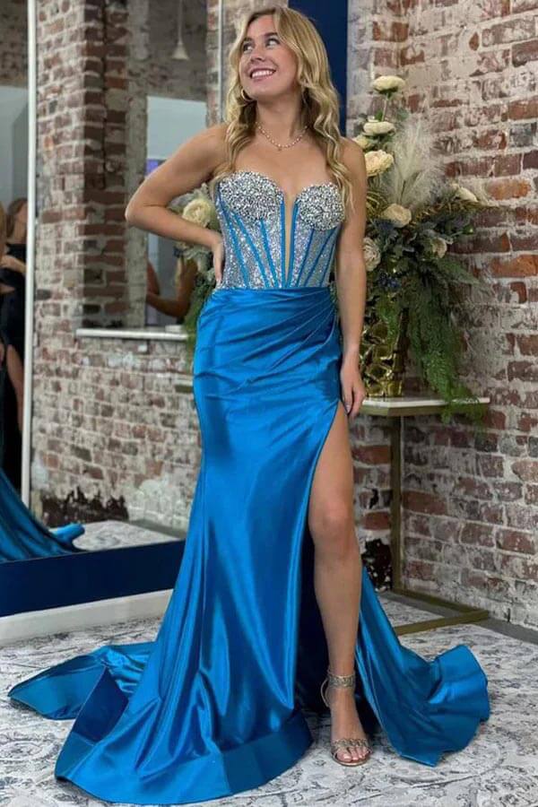Blue Satin Mermaid Sweetheart Beaded Prom Dresses, SLP057