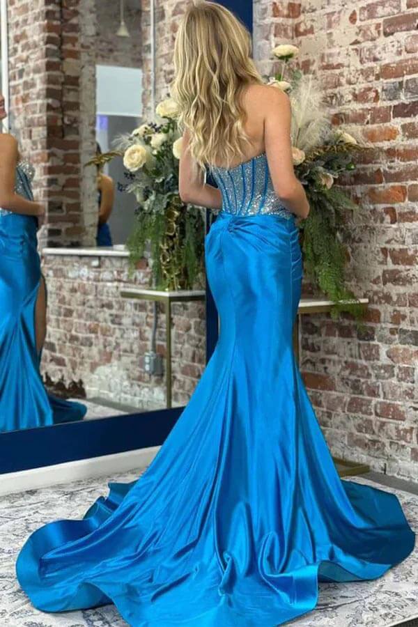 Blue Satin Mermaid Strapless Sweetheart Beaded Prom Dresses With Slit, SLP057 | new arrival prom dress | sparkly prom dress | evening gown | simidress.com