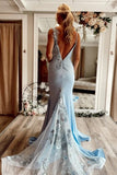 Blue Satin Mermaid V Neck Long Prom Dresses With Floral Lace Appliques, SLP110 | cheap lace prom dress | party dress | long formal dress | simidress.com