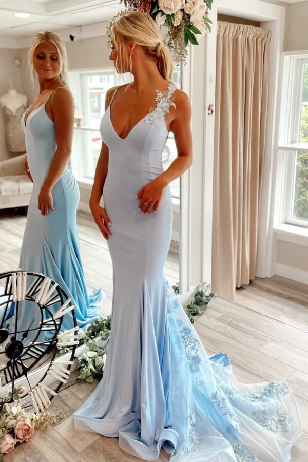 Blue Satin Mermaid V Neck Long Prom Dresses With Floral Lace Appliques, SLP110 | lace prom dress | senior prom dress | simple prom dress | simidress.com