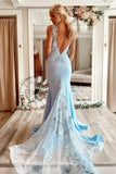 Blue Satin Mermaid V Neck Long Prom Dresses With Floral Lace Appliques, SLP110 | prom dress shops near me | prom dress blue | new arrival prom dress | simidress.com