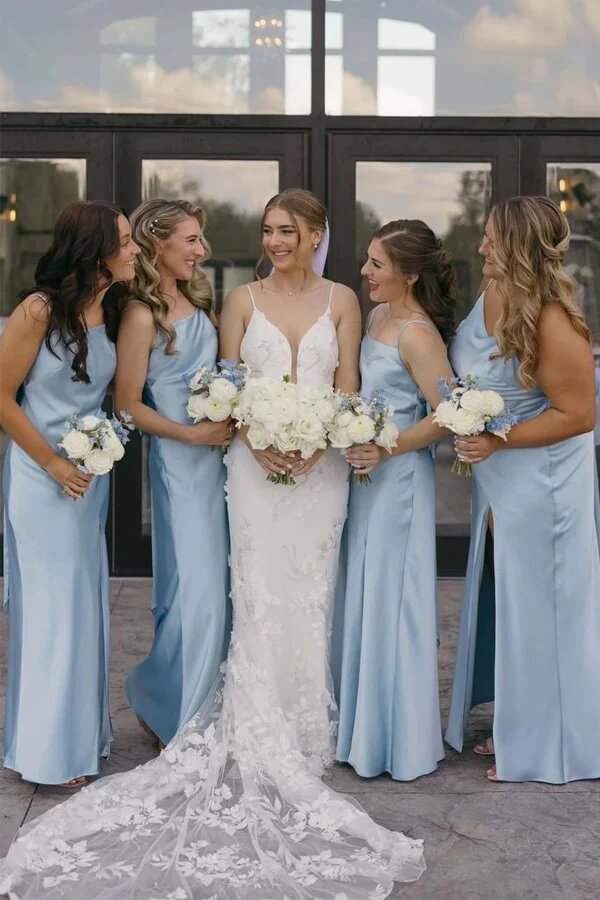 Blue Satin Sheath Spaghetti Straps Simple Long Bridesmaid Dresses, BD145 | cheap bridesmaid dress | long bridesmaid dress | simple bridesmaid dress | simidress.com