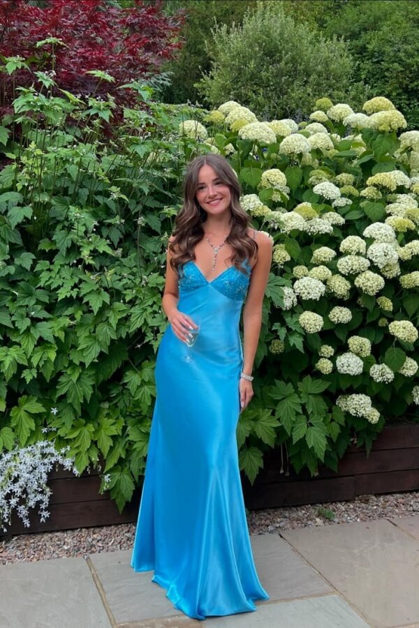 Blue Satin Sheath V Neck Prom Dress With Lace, SLP090