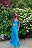 Blue Satin Sheath V Neck Spaghetti Straps Long Prom Dresses With Lace, SLP090 | blue prom dress | cheap prom dresses | lace prom dress | simidress.com