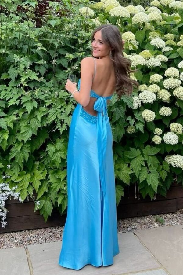 Blue Satin Sheath V Neck Spaghetti Straps Long Prom Dresses With Lace, SLP090 | mermaid prom dress | simple prom dress | new arrival prom dress | simidress.com