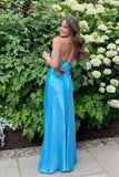 Blue Satin Sheath V Neck Spaghetti Straps Long Prom Dresses With Lace, SLP090 | mermaid prom dress | simple prom dress | new arrival prom dress | simidress.com