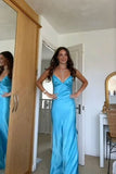 Blue Satin Sheath V Neck Spaghetti Straps Long Prom Dresses With Lace, SLP090 | party dress | long formal dress | evening gown | simidress.com