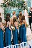 Blue Satin Spaghetti Straps Slit Long Bridesmaid Dresses With Bow, BD143 | bridesmaid dresses online | wedding party dress | budget bridesmaid dress | simidress.com