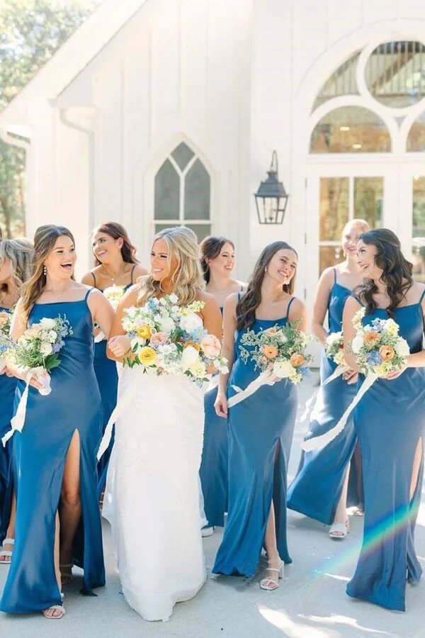 Blue Satin Spaghetti Straps Slit Long Bridesmaid Dresses With Bow, BD143 | blue bridesmaid dress | junior bridesmaid dress | long bridesmaid dress | simidress.com