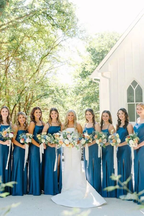 Blue Satin Spaghetti Straps Slit Long Bridesmaid Dresses With Bow, BD143 | cheap bridesmaid dress | simple bridesmaid dress | wedding guest dress | simidress.com