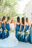 Blue Satin Spaghetti Straps Slit Long Bridesmaid Dresses With Bow, BD143 | mermaid bridesmaid dress | satin bridesmaid dress | bridesmaid dresses online | simidress.com