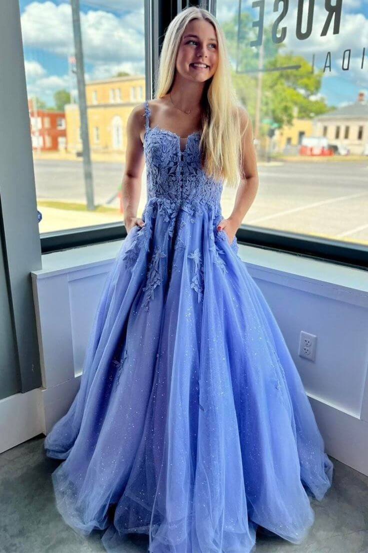 Blue Tulle A Line Spaghetti Straps Lace Appliques Long Prom Dresses, SLP112 | cheap prom dress | prom dress blue | evening dress | simidress.com