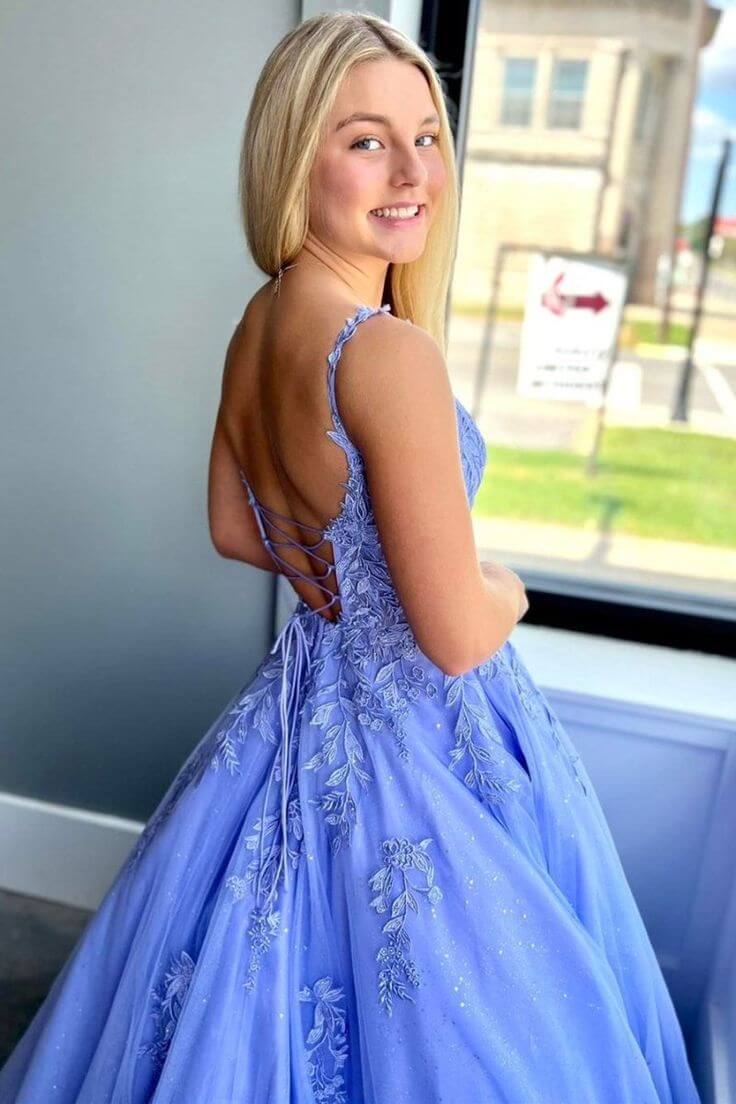 Blue Tulle A Line Spaghetti Straps Lace Appliques Long Prom Dresses, SLP112 | prom dress shops near me | long formal dress | evening dress | simidress.com